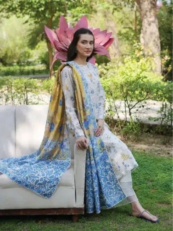 Close‑up embroidery details of Twinkling by Binaas D‑04, showcasing intricate threadwork and vibrant digital prints on premium Binaas lawn fabric