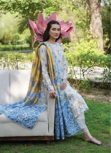 Close‑up embroidery details of Twinkling by Binaas D‑04, showcasing intricate threadwork and vibrant digital prints on premium Binaas lawn fabric