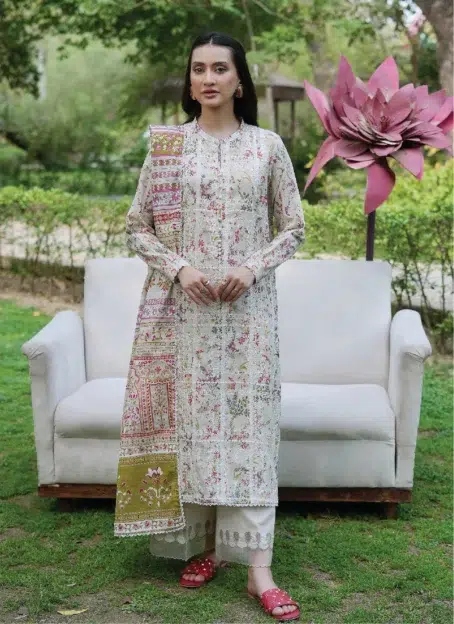Front view of Twinkling by Binaas D‑05, embroidered lawn suit with digital prints, Bana Dora dupatta, and cambric trouser from Binaas lawn 2025 collection.
