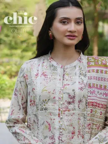 Close‑up embroidery details of Twinkling by Binaas D‑05, showcasing intricate threadwork and vibrant prints on premium Binaas lawn fabric.