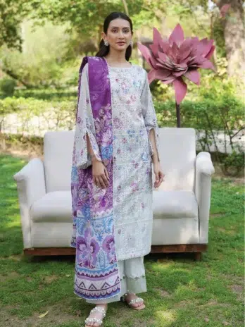 Front view of Twinkling by Binaas D‑07, premium embroidered lawn suit with Bana Dora dupatta & cambric trouser from Binaas lawn 2025 summer collection