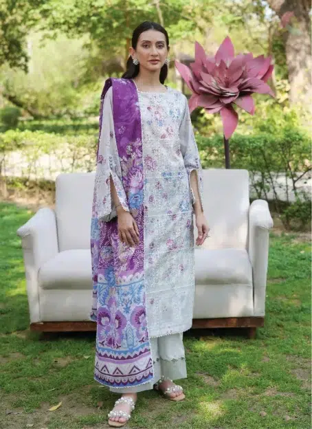 Front view of Twinkling by Binaas D‑07, premium embroidered lawn suit with Bana Dora dupatta & cambric trouser from Binaas lawn 2025 summer collection