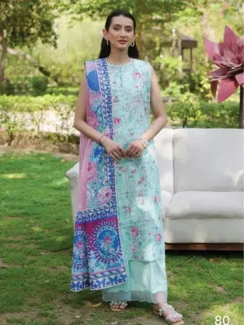 Front view of Twinkling by Binaas D‑08 embroidered lawn suit with Bana Dora dupatta & cambric trouser from the stylish Binaas lawn 2025 summer collection.