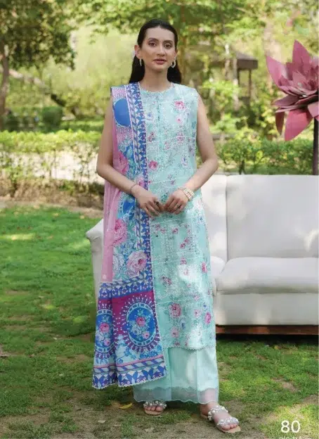 Front view of Twinkling by Binaas D‑08 embroidered lawn suit with Bana Dora dupatta & cambric trouser from the stylish Binaas lawn 2025 summer collection.