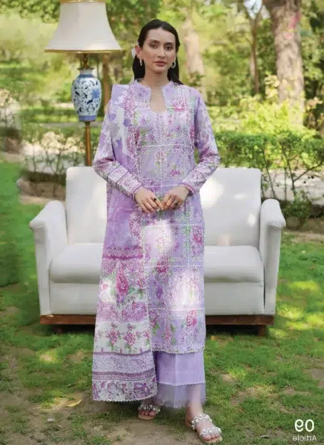 Front view of Twinkling by Binaas D‑09 embroidered lawn suit with Bana Dora dupatta & cambric trouser from the elegant Binaas lawn 2025 summer collection