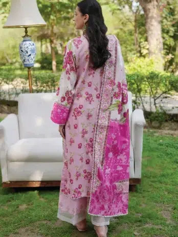 Back view of Binaas D-10 suit with detailed digital print on breathable lawn fabric, from the latest Binaas clothing collection