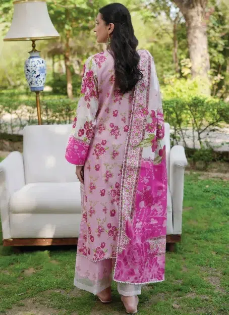 Back view of Binaas D-10 suit with detailed digital print on breathable lawn fabric, from the latest Binaas clothing collection