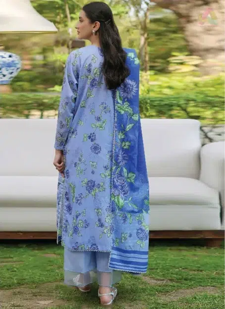 Back view of Binaas D-11 showing matching digital prints on breathable lawn fabric, part of the stylish Binaas clothing range
