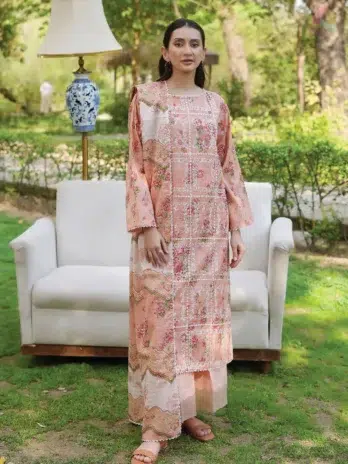 Front view of Twinkling by Binaas D-12 showcasing embroidered digital lawn shirt with elegant summer design from Binaas lawn 2025 collection