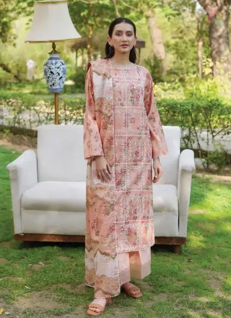 Front view of Twinkling by Binaas D-12 showcasing embroidered digital lawn shirt with elegant summer design from Binaas lawn 2025 collection