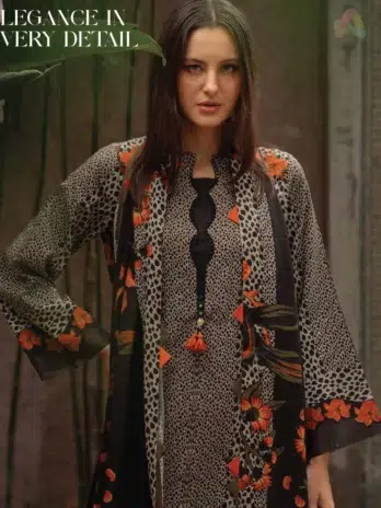 Close-up of C-Print by Charizma CPW5-08 displaying fabric weave, intricate digital print quality, and stylish finishing from Charizma clothing line.