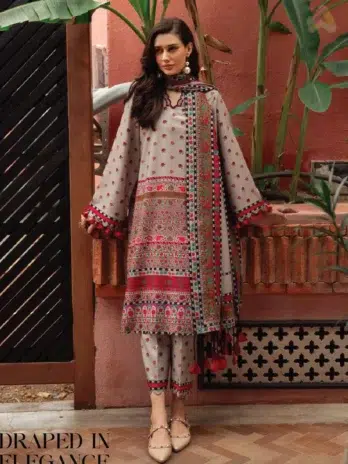 Front view of C-Print by Charizma CPW5-01, showing printed linen shirt, Irish linen shawl, and trouser from Charizma Collection 2025.