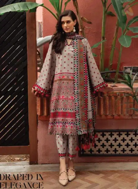 Front view of C-Print by Charizma CPW5-01, showing printed linen shirt, Irish linen shawl, and trouser from Charizma Collection 2025.