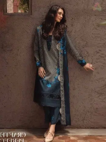 Front view of C-Print by Charizma CPW5-02, showcasing the printed linen shirt with detailed design and elegant Irish linen shawl.