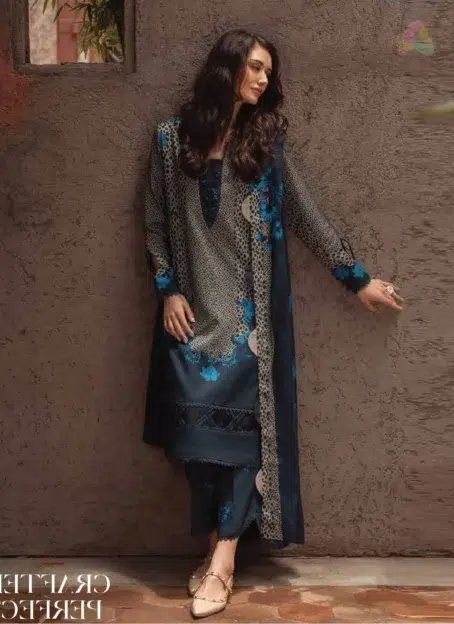 Front view of C-Print by Charizma CPW5-02, showcasing the printed linen shirt with detailed design and elegant Irish linen shawl.