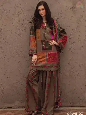 Front view of C-Print by Charizma CPW5-03 linen suit featuring printed shirt, Irish linen shawl, and plain trouser in elegant style.