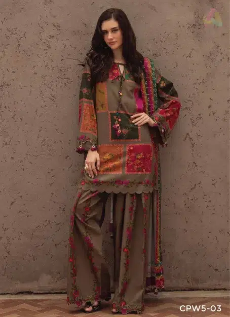 Front view of C-Print by Charizma CPW5-03 linen suit featuring printed shirt, Irish linen shawl, and plain trouser in elegant style.