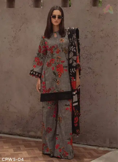 Front view of C-Print by Charizma CPW5-04 linen suit showing printed shirt, Irish linen shawl, and plain trouser with elegant detailing.