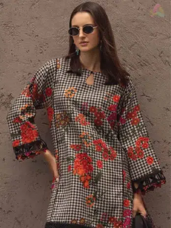 Close-up of C-Print by Charizma CPW5-04 showcasing printed linen shirt fabric details, intricate Irish linen shawl print, and stitching quality.