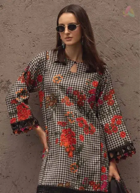 Close-up of C-Print by Charizma CPW5-04 showcasing printed linen shirt fabric details, intricate Irish linen shawl print, and stitching quality.
