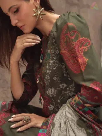 Close-up of C-Print by Charizma CPW5-05 showing premium linen fabric, digital prints, and fine craftsmanship from the Charizma clothing line.