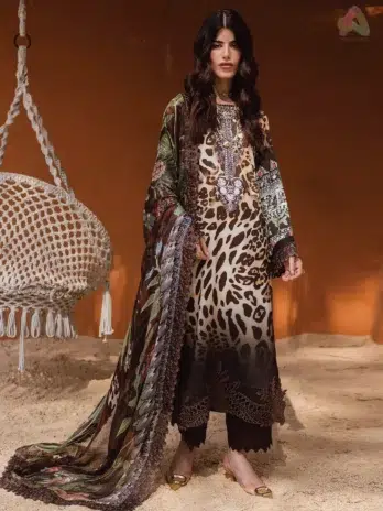 Front view of Gardenia By Nureh NWG-85 viscose linen suit with embroidered shirt, chiffon dupatta, and dyed viscose trouser from Nureh Collection