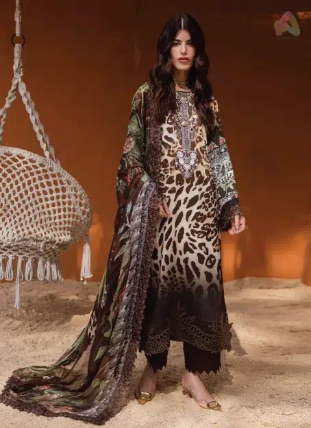 Front view of Gardenia By Nureh NWG-85 viscose linen suit with embroidered shirt, chiffon dupatta, and dyed viscose trouser from Nureh Collection