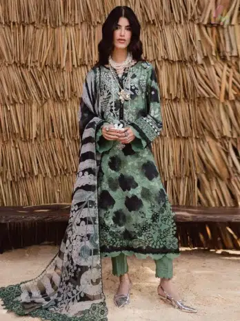 Front view of Gardenia By Nureh NWG-86 viscose linen suit with embroidered shirt, chiffon dupatta, and trouser from Nureh Viscose Collection 2025.