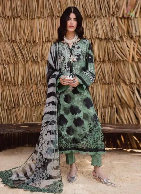 Front view of Gardenia By Nureh NWG-86 viscose linen suit with embroidered shirt, chiffon dupatta, and trouser from Nureh Viscose Collection 2025.