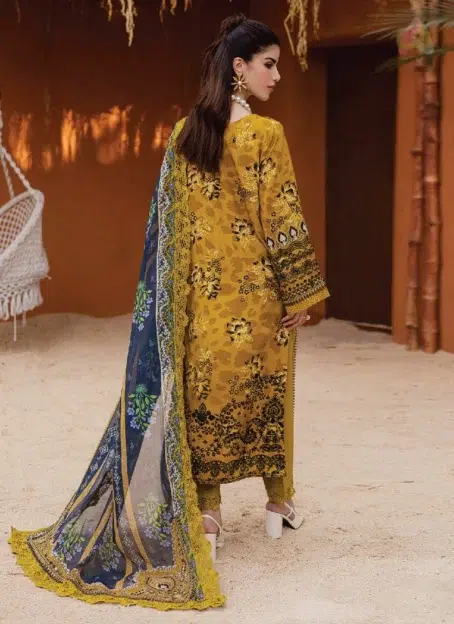 Back view of Gardenia By Nureh NWG-87 showing detailed embroidery on viscose shirt and elegant fall of chiffon dupatta by Nureh clothing.
