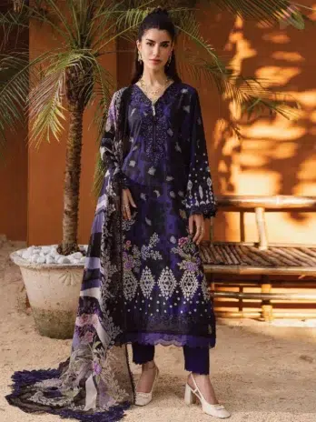 Front view of Gardenia By Nureh NWG-88 embroidered viscose shirt with chiffon dupatta and dyed trouser from the Nureh Viscose Collection 2025