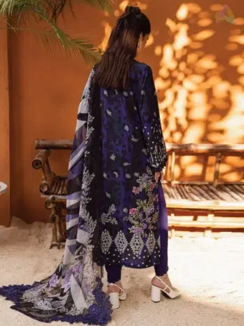 Back view of Gardenia By Nureh NWG-88 showcasing embroidery details on viscose shirt with chiffon dupatta from the Nureh Fabric Collection