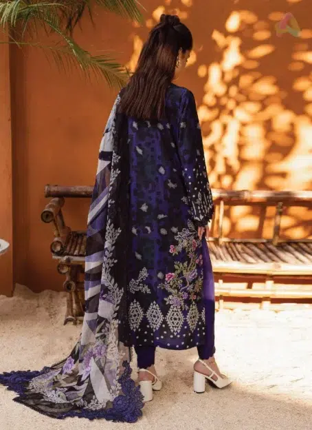 Back view of Gardenia By Nureh NWG-88 showcasing embroidery details on viscose shirt with chiffon dupatta from the Nureh Fabric Collection
