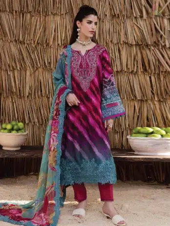 Front view of Gardenia By Nureh NWG-89 embroidered viscose shirt with chiffon dupatta and dyed trouser from the Nureh Viscose Collection 2025