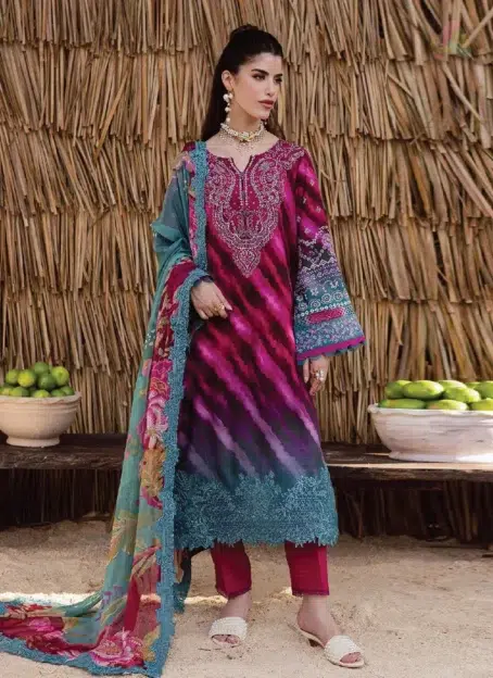 Front view of Gardenia By Nureh NWG-89 embroidered viscose shirt with chiffon dupatta and dyed trouser from the Nureh Viscose Collection 2025