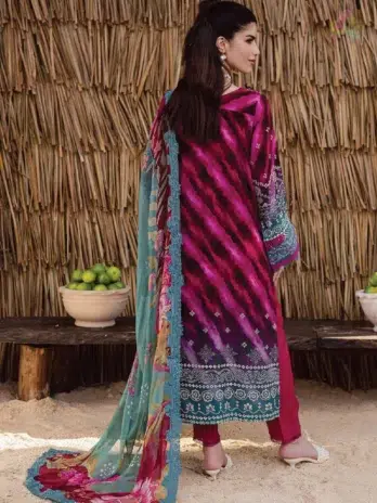 Back view of Gardenia By Nureh NWG-89 highlighting embroidered viscose shirt design with chiffon dupatta and trouser from the Nureh Fabric Collection.