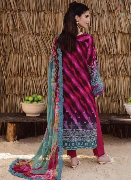 Back view of Gardenia By Nureh NWG-89 highlighting embroidered viscose shirt design with chiffon dupatta and trouser from the Nureh Fabric Collection.