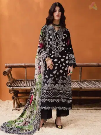 Gardenia By Nureh NWG-90 front design featuring embroidered viscose shirt with elegant patterns, styled with chiffon dupatta and dyed trouser