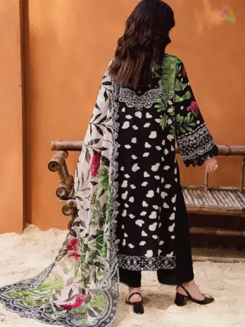 Back view of Gardenia By Nureh NWG-90 showcasing detailed embroidery and digital prints on viscose fabric, paired with chiffon dupatta and trouser.