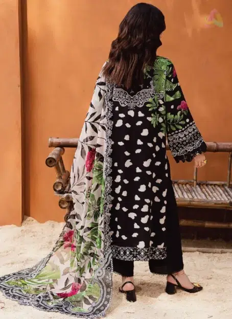 Back view of Gardenia By Nureh NWG-90 showcasing detailed embroidery and digital prints on viscose fabric, paired with chiffon dupatta and trouser.