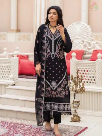 Ilana by Panache Vol 2 D-03 front design showcasing embroidered Karandi shirt paired with dupatta from Puri Fabrics Karandi Collection 2025.