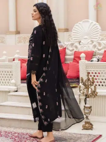 Back view of Ilana by Panache Vol 2 D-03 highlighting embroidered Karandi details, a premium suit from Puri Fabrics New Collection 2025.