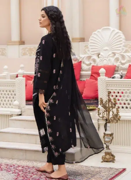 Back view of Ilana by Panache Vol 2 D-03 highlighting embroidered Karandi details, a premium suit from Puri Fabrics New Collection 2025.