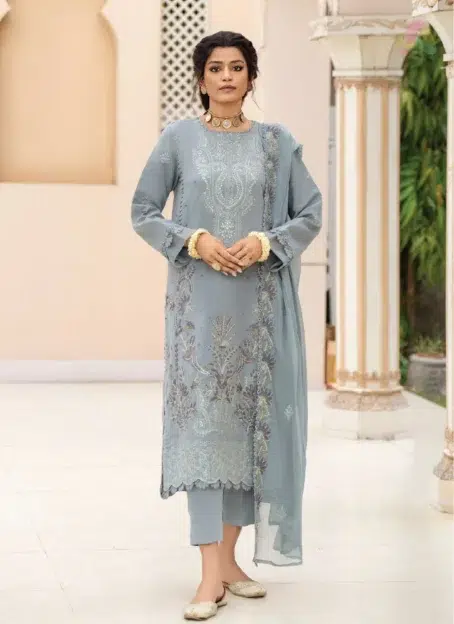 Ilana by Panache Vol 2 D-05 front view showing embroidered Karandi shirt with fine detailing from Puri Fabrics Karandi Collection 2025.