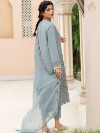 Back view of Ilana by Panache Vol 2 D-05 embroidered Karandi shirt with elegant back embroidery designed by Puri Fabrics clothing.