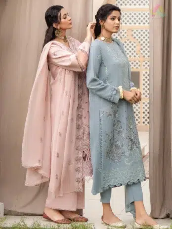 Complete look of Ilana by Panache Vol 2 D-05 3-piece embroidered Karandi suit with dupatta and trouser from Puri Fabrics collection 2025.