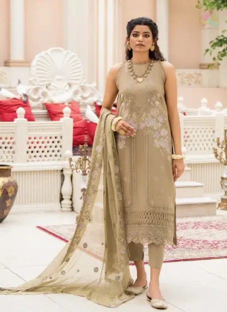 Front view of Ilana by Panache Vol 2 D-08, showcasing embroidered Karandi shirt design from Puri Fabrics Karandi Collection 2025 for elegant women’s fashion.
