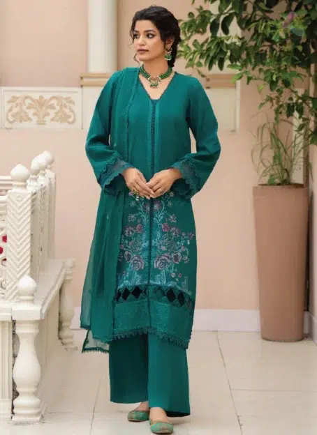 Front view of Ilana by Panache Vol 2 D-09, showing embroidered Karandi shirt design from Puri Fabrics Karandi Collection 2025, ideal for winter fashion.