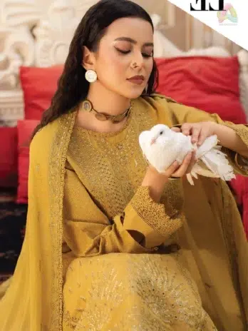 Close-up embroidery of Ilana by Panache Vol 2 D-10, highlighting premium Karandi fabric from Puri Fabrics Collection 2025 with delicate craftsmanship and fine threadwork.