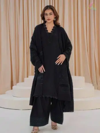 Libaas by Mahay Vol 2 ART-01 fancy zari jacquard shirt, velvet jacquard shawl, plain trouser, premium women’s 3-piece suit.